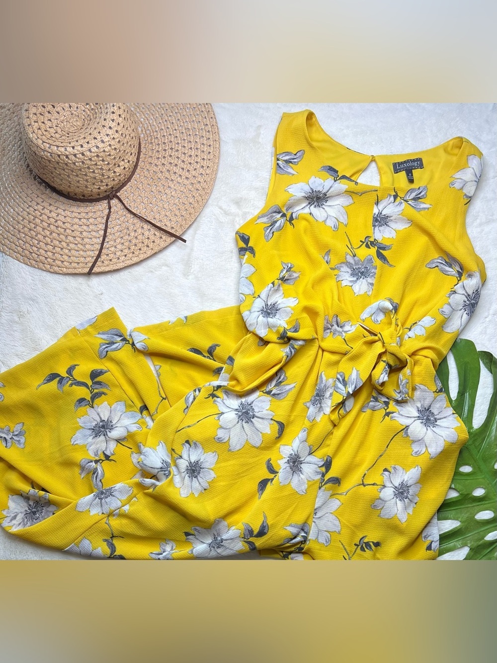 Luxology Yellow Floral Cropped Wide Leg Jumpsuit Tie Waist Size 10 - Picture 4 of 6